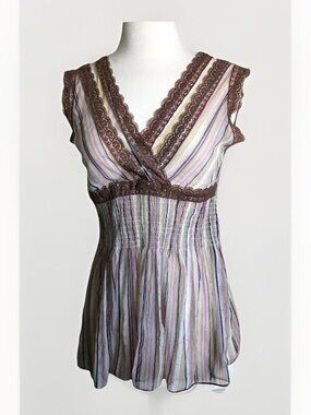 213 Women’s Boho Striped Lace Trim Top Smocked Waist Sleeveless Size S/M